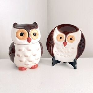 CLOSING SALE Vtg 70's Style OWL Cookie Jar With OWL Plate Set